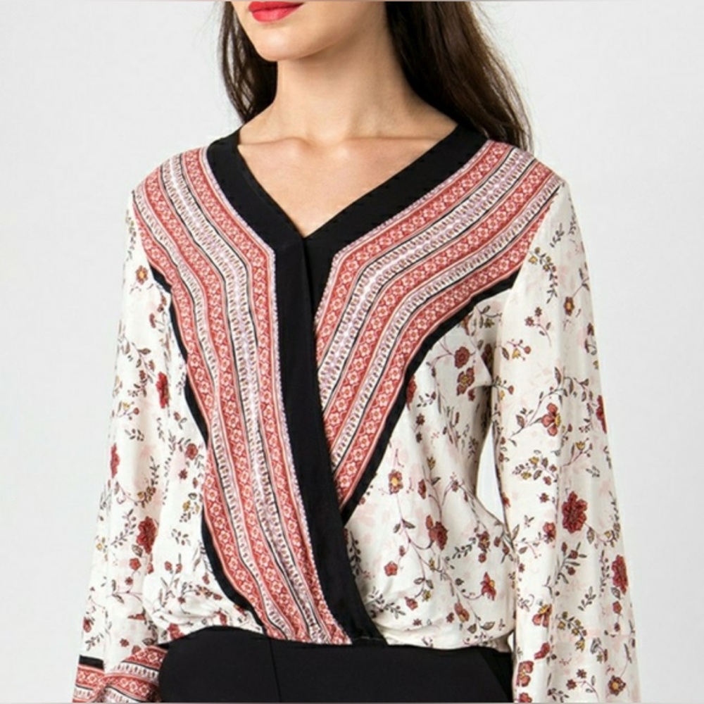 Floral V-Neck Blouse - Red and Black